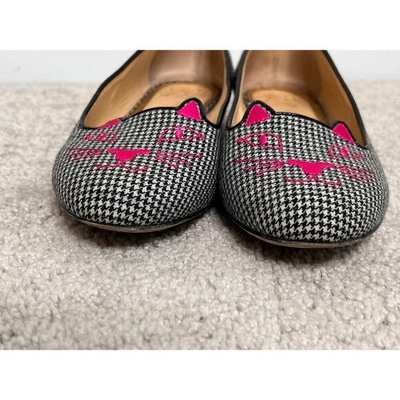 Charlotte Olympia Houndstooth Slip On Kitty Loafer Flats Black/White Womens 36.5 - Picture 7 of 11